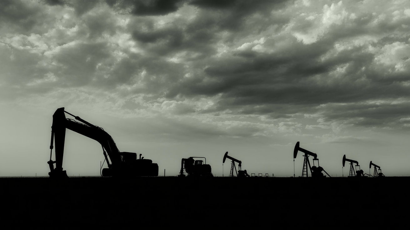 Oil and gas field with excavator and pump jacks